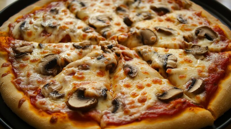 A freshly baked mushroom pizza with golden, melted cheese and slices of mushrooms, served on a black pizza pan, showcasing a crispy and fluffy crust.