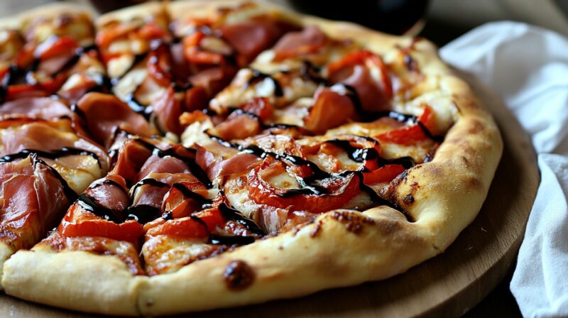 Assembling Your Pizza - Prosciutto with Roasted Red Peppers and Balsamic Glaze 