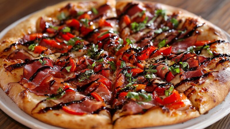 Baking and Serving - Perfect Prosciutto Pizza with Roasted Red Peppers and Balsamic Glaze 