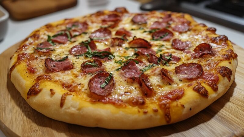 close-up of a homemade pizza topped with slices of pepperoni, melted cheese, and fresh basil, served on a wooden board, showcasing a perfectly baked golden crust