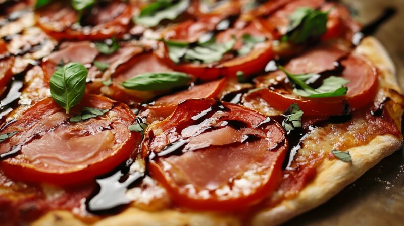 Ingredients Spotlight - Prosciutto Pizza with Roasted Red Peppers and Balsamic Glaze 