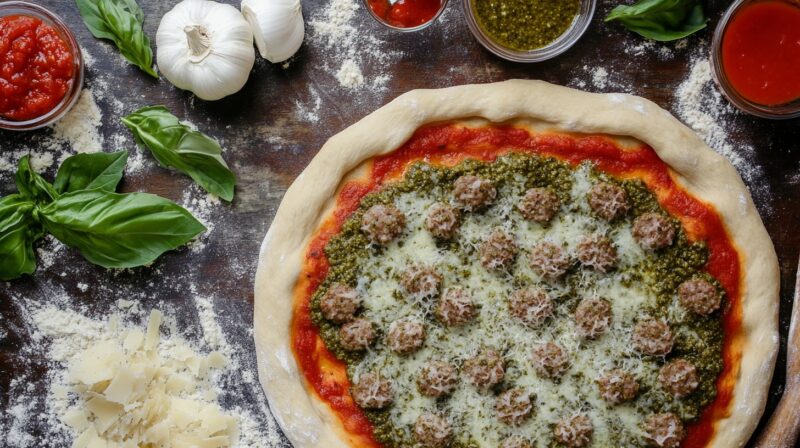 Italian Sausage Pizza with Pesto and Red Sauce - Assembling the Pizza