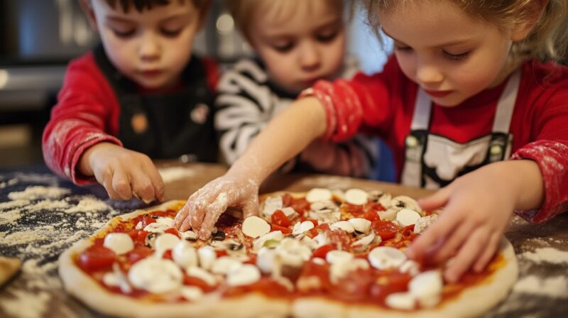 Kids Selecting Toppings and Assembling the Pizza