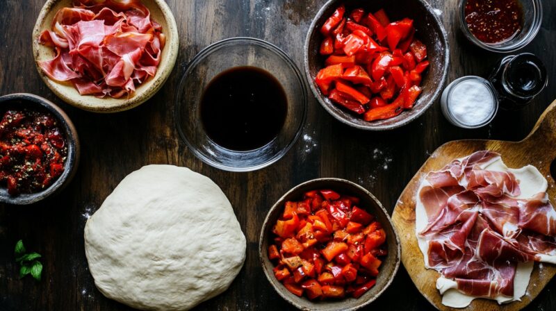 Layering the Ingredients - Assembling Your Pizza - Prosciutto with Roasted Red Peppers and Balsamic Glaze 