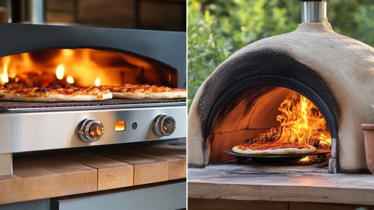 Side-by-side comparison of two pizza ovens: one on the left is a modern propane pizza oven with pizzas cooking inside, while the one on the right is a traditional wood-fired pizza oven with a pizza baking next to a lively fire.