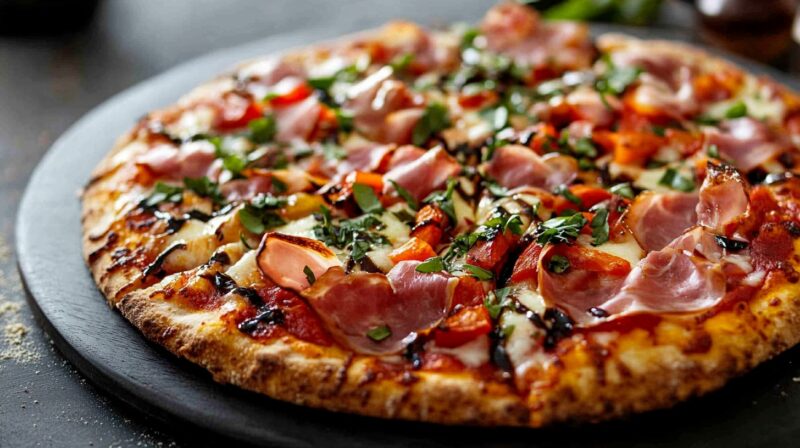 A close-up of a gourmet pizza topped with prosciutto, roasted red peppers, fresh herbs, and a drizzle of balsamic glaze, served on a dark stone pizza tray