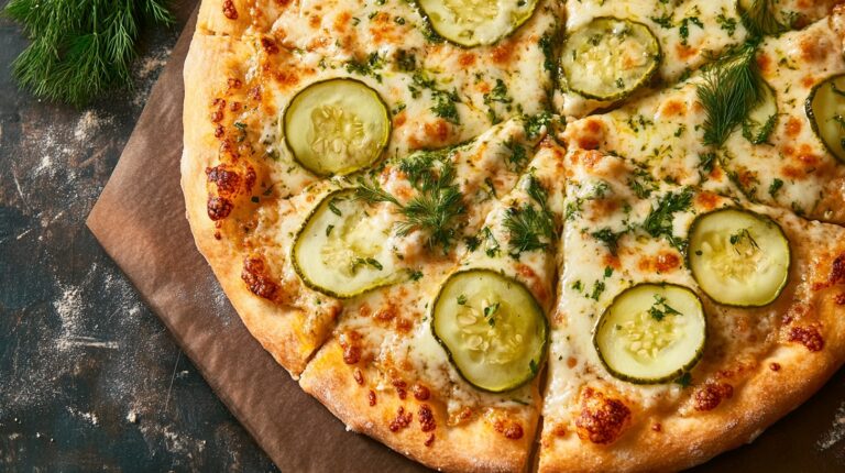 Pzza topped with sliced dill pickles, melted cheese, and fresh herbs, showcasing a unique flavor combination on a golden, crispy crust