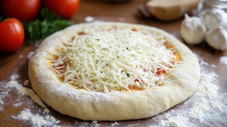 An uncooked pizza dough topped with a layer of shredded cheese, ready to be baked, surrounded by fresh tomatoes, garlic cloves, and flour on a wooden surface, representing the preparation of a classic homemade pizza