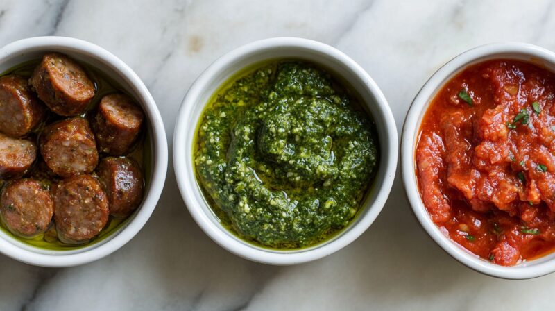 Three small white bowls side by side on a marble surface, with ingredients for pizza. Filled with sliced sausage in olive oil, green pesto sauce, and red tomato sauce, garnished with fresh herbs