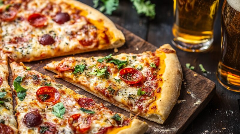 Serving - tasty mouth watering pizza with beer