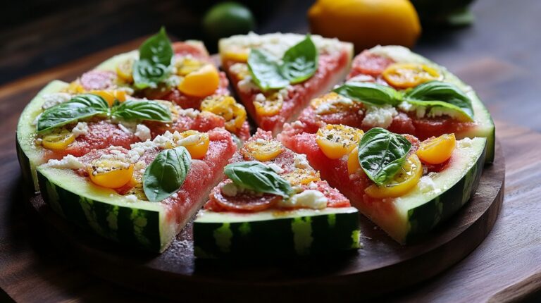 watermelon pizza, featuring watermelon slices topped with yellow cherry tomatoes, fresh basil leaves, and crumbled cheese, arranged on a wooden board