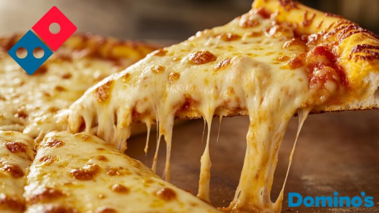 A slice of Domino's pizza being pulled from the whole, showcasing melted, stretchy cheese on a golden, crispy crust.