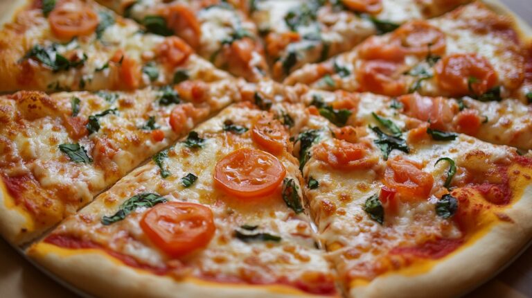 freshly baked pizza topped with melted cheese, tomato slices, and fresh herbs like basil. The pizza is cut into slices, revealing a crispy, golden crust and toppings