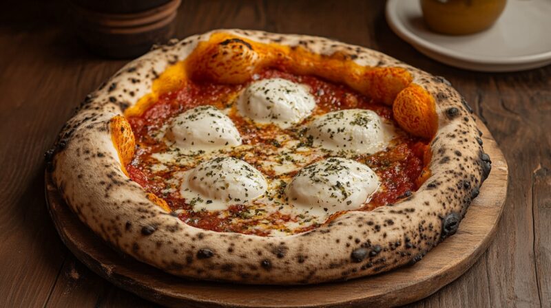 Wood-fired pizza with charred crust, tomato sauce, melted mozzarella, and sprinkled herbs on a wooden plate