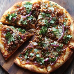 Close-up of birria pizza topped with shredded meat, melted cheese, red onions, and fresh cilantro