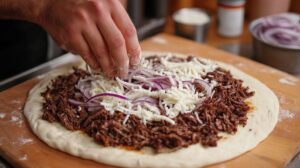 A hand adding red onions to a birria pizza topped with shredded meat and cheese on a wooden surface