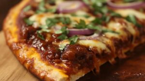 Close-up of a birria pizza slice with melted cheese, meat, red onion, and fresh cilantro on a wooden board