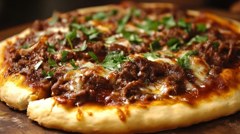 Close-up of birria pizza with tender beef, melted cheese, and fresh cilantro on a golden crust