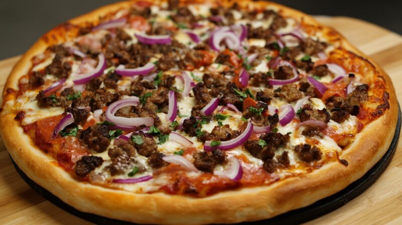 Close-up of a pizza topped with sausage, red onions, and melted cheese on a wooden surface