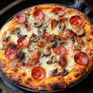 A close-up of a freshly baked pizza topped with pepperoni, mushrooms, and melted cheese on a golden crust