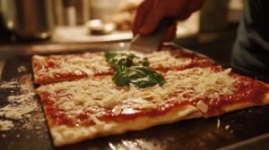 Close-up of a rectangular pizza topped with tomato sauce, shredded cheese, and basil leaves being prepared on a baking sheet