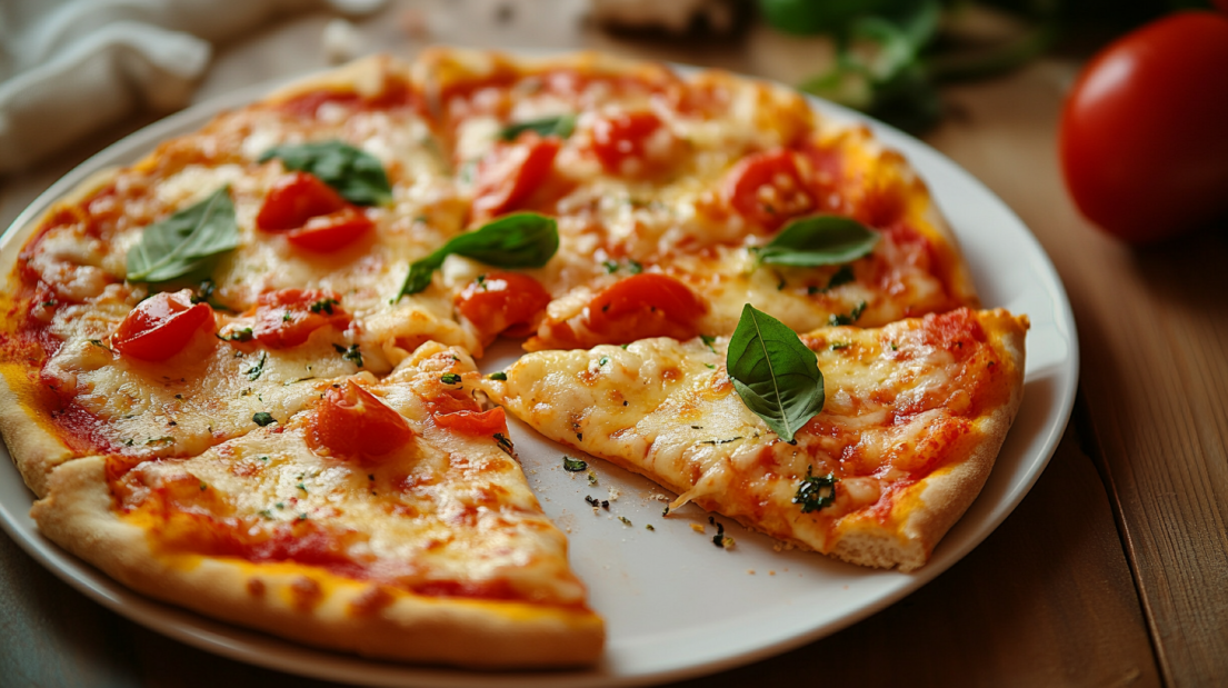 A Fresh Pizza with Tomatoes and Basil Leaves, Served on A White Plate