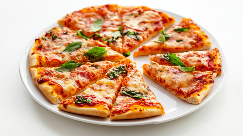 A Plate of Pizza with Basil Leaves, Showing Several Slices of Pizza with Cheese and Sauce