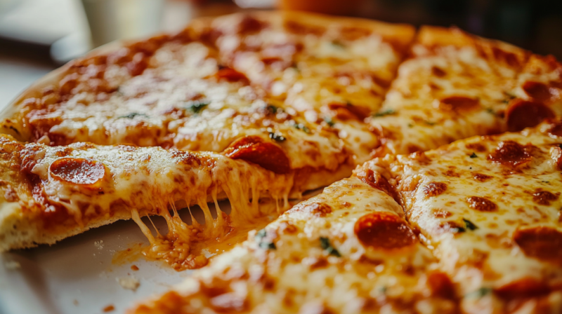 A Pepperoni Pizza with Melted Cheese and A Slice Being Pulled Away, Showing Its Gooey Texture