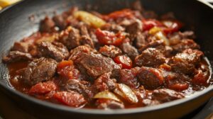 Close-up of tender birria meat simmering with tomatoes, onions, and spices in a pan