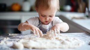 A young child focused on kneading pizza dough on a floured countertop