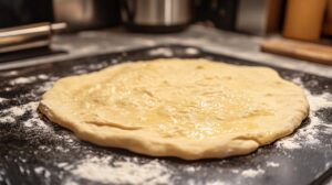 Close-up of pizza dough spread out on a floured surface, ready for toppings