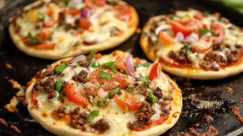 Three mini pizzas topped with ground meat, tomatoes, green peppers, red onions, and melted cheese on a griddle