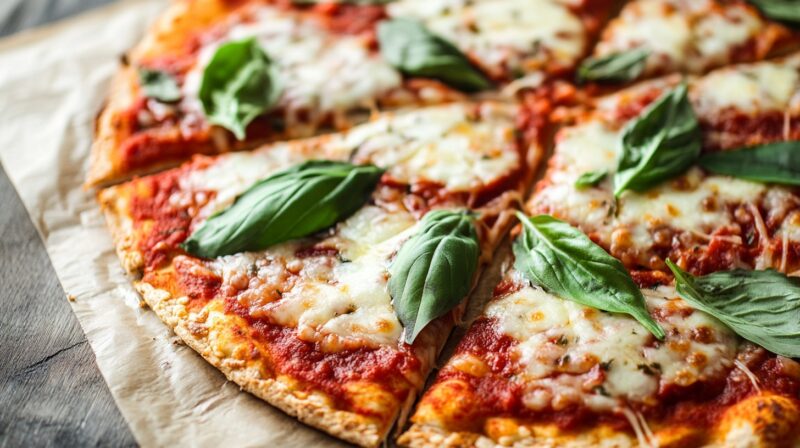 A close-up of a Margherita pizza with a crispy crust, topped with fresh basil leaves, melted mozzarella cheese, and tomato sauce