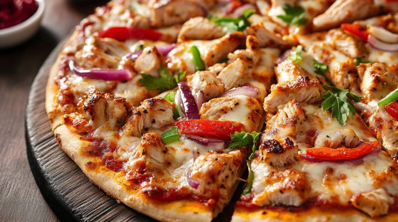 Close-up of a freshly baked chicken pizza with melted cheese, grilled chicken pieces, red onions, bell peppers, and fresh herbs on a wooden serving board