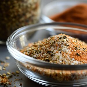 Close-up of a glass bowl filled with a homemade seasoning mix, featuring salt, herbs, and spices