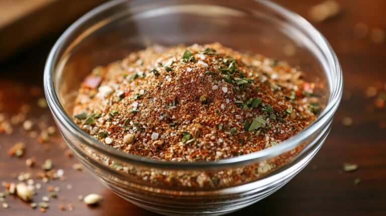 Close-up of a glass bowl filled with a homemade pizza seasoning blend, featuring herbs, spices, and salt