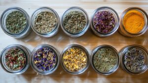 Top-down view of ten glass jars filled with different dried herbs and spices, arranged on a wooden surface