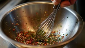 Close-up of a stainless steel mixing bowl with a metal whisk stirring a blend of dried herbs and spices