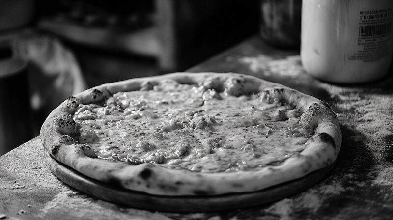 Black and white image of a freshly baked cheese pizza with a golden crust, resting on a wooden surface dusted with flour