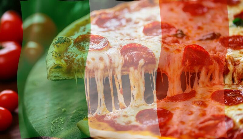 Delicious pepperoni pizza with gooey melted cheese, overlaid with a transparent Italian flag, symbolizing the origins of pizza in Italy