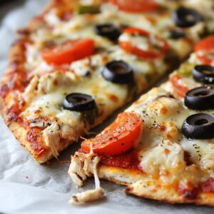 Close-up of a sliced pizza with melted cheese, tomatoes, olives, and shredded chicken on a thin crust