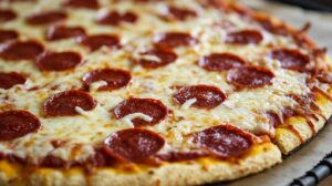 Close-up of a freshly baked pepperoni pizza with a golden, crispy crust made from a low-carb chicken-based dough