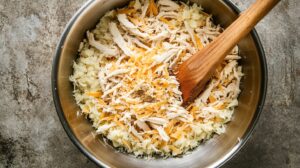 A stainless steel bowl filled with shredded chicken, grated cheese, mashed cauliflower, and seasoning, being mixed with a wooden spoon