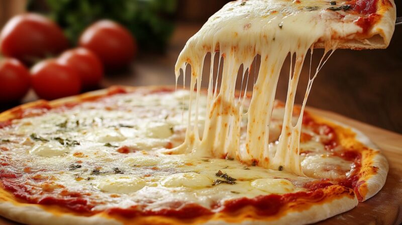 A delicious Margherita pizza with a slice being lifted, showing gooey, melted mozzarella cheese stretching from the crust