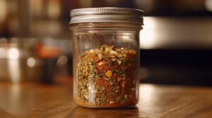 A glass jar filled with a homemade blend of dried herbs and spices, sitting on a wooden kitchen counter