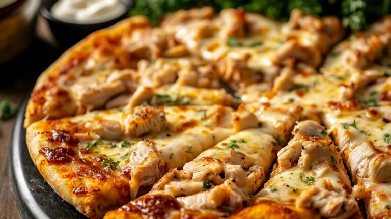 Close-up of a freshly baked chicken pizza with melted cheese, grilled chicken pieces, and herbs on a black serving plate