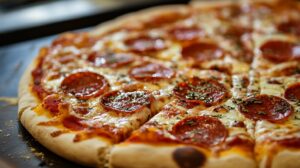 Close-up of a pepperoni pizza with melted cheese and sprinkled seasoning on a baking tray