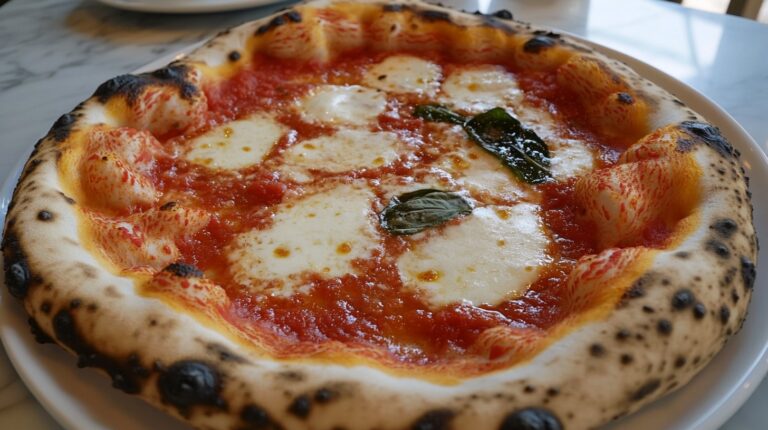 Close-up of a traditional Neapolitan pizza with a puffy, charred crust, melted mozzarella cheese, tomato sauce, and fresh basil on a white plate