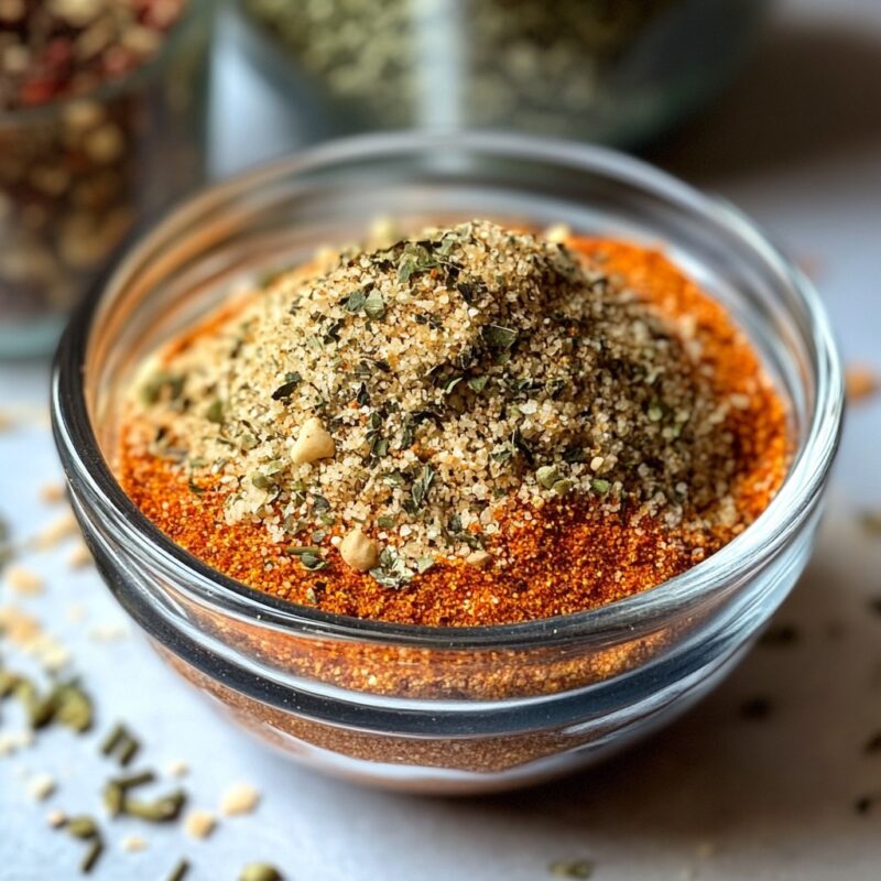 Close-up of a glass bowl filled with a layered homemade pizza seasoning mix, featuring dried herbs, garlic, and spices