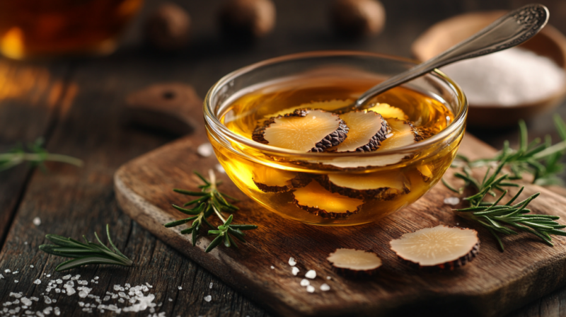 A Bowl of Truffle Oil with Sliced Truffles, Surrounded by Rosemary Sprigs and Salt on A Wooden Surface